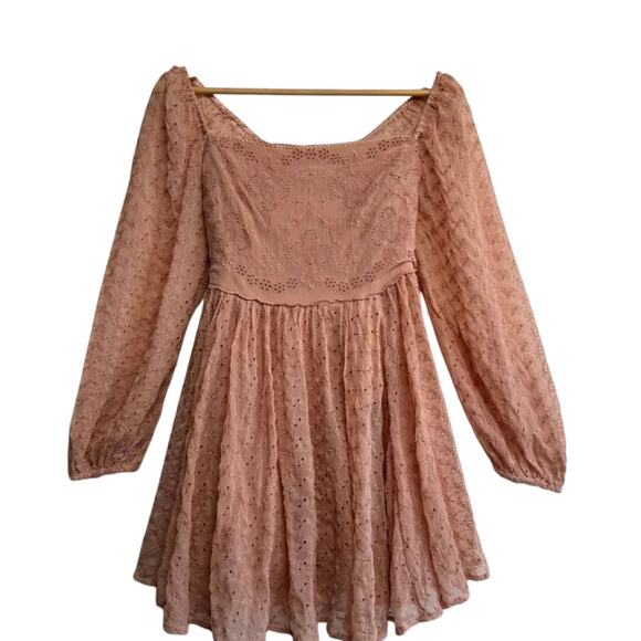 Free People Malina Mini Babydoll A-Line Eyelet Peach-Pink Boho Dress XL EUC - Picture 5 of 5